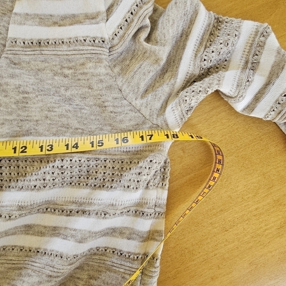 Peyton Primrose Taupe White Striped Open Front Asymmetric Hem Cardigan Sz M - Picture 12 of 12